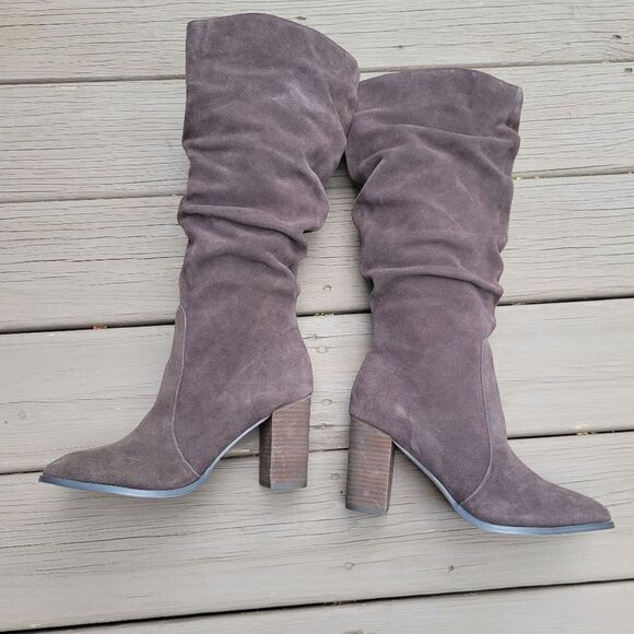 Splendid Chocolate Brown Suede Leather Square Toe Chunky Heel Slouchy Tall Boots - Picture 2 of 8